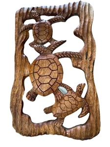 MEERESSCHILDKRÖTE & FREUNDE NATÜRLICHES TEAKHOLZ HÄNGENDE WANDKUNST PLAKETTE TERRASSE WOHNDEKO - Bild 1 von 3