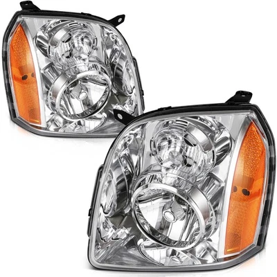Headlights Assembly LH+RH For 2014-2007 GMC Yukon XL 1500 2500 Chrome w/Amber - Image 1 of 4