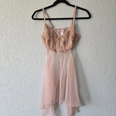 Victorias Secret M rosa e dourado transparente amarrar atrás Teddy Nighty - Imagem 1 de 4
