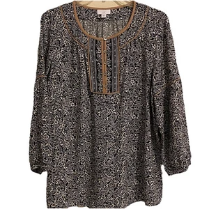 J. Jill Floral 3/4 Sleeve Blouse Pullover Henley Neck Size M Top Viscose - Picture 1 of 11