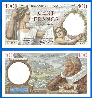 France 100 Francs 1940 8 February Sully Serie X Europe Frcs Frs Free Ship Wrld - Image 1 of 3