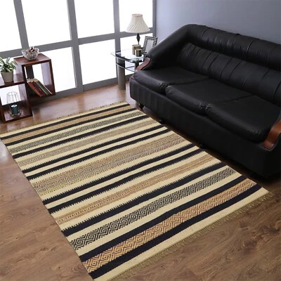 Flatweave Wool Jute Beige Striped Kilim Handwoven Area Rug Large Carpet 6x9 Ft - Image 1 of 4