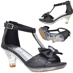 Girls Heels Sandals T-Strap Rhinestone Glitter Clear Party Kids Shoes Black - Picture 1 of 8