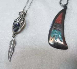 2 Vintage SILVER Necklace BEAR Paw FEATHER Art SOUTHWEST Motif CHAINS - Picture 1 of 6