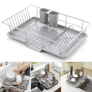 Stainless Steel Dish Drainer Plates Rack Cutlery Holder Kitchen Sink Drip Tray