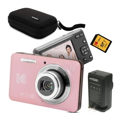 Kodak PixPro Friendly Zoom FZ55 16MP FHD Digital Camera (Pastel Pink) Bundle