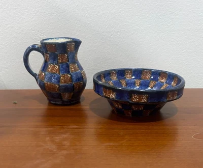 Jarra y azucarero Erphila miniatura vintage de 2 piezas hecho en Alemania - a cuadros Foto 1 de 4