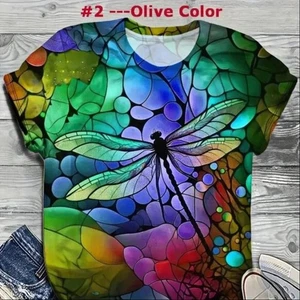 Olive Green Color -New- Plus Size Dragonfly Print T-Shirt - Picture 1 of 2