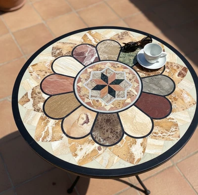 Exquisite Round Marble Inlay Tabletop – Geometric Star & Floral Design  30” - Image 1 of 4