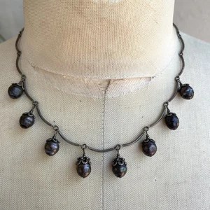 17 Zoll Sterlingsilber schwarze Perle Modernist Handwerker Halskette Nachlass Fund - Bild 1 von 2