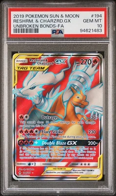PSA 10 2019 POKEMON SUN & MOON UNBROKEN BONDS FULL ART/RESHIRAM & CHARIZARD GX - Image 1 of 2