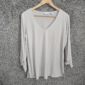 Susan Graver Top Womens Medium Beige V Neck Liquid Knit Roll Tab Sleeves Stretch - Picture 1 of 7