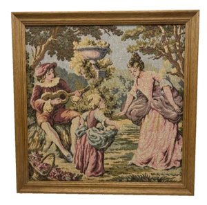 Viktorianischer Wandteppich Holz gerahmt Mann spielt Musik Frau Mädchen 13" x 13" - Bild 1 von 8