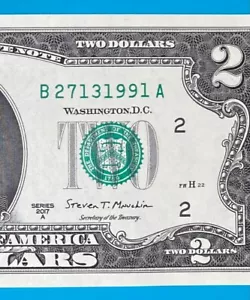 B 2713 1991 A : TRAILING YEAR 1991 $2 Two Dollar Bill Serial Number Uncirculated - Picture 1 of 3