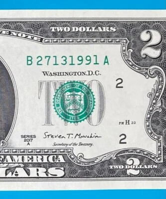 B 2713 1991 A : TRAILING YEAR 1991 $2 Two Dollar Bill Serial Number Uncirculated - Image 1 of 3