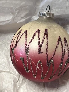 VTG Christmas Ornament West Germany Mercury Glass Ball Mica Stencil Stripe Red - Picture 1 of 6