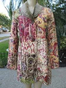 NEW CHICO'S Patchwork Boho Jacket Coat Faux Fur Collar Size 0 Artsy Eclectic - Picture 1 of 11