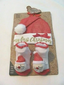 NEW 0-6 MO. UNISEX "MY 1ST CHRISTMAS"-RED W/ GOLD SANTA HAT AND RATTLE SOCK SET - Picture 1 of 4