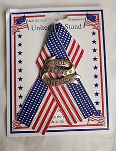 USA Red White Blue Ribbon Flag Brooch Pin GOD BLESS AMERICA Jewelry PinBack