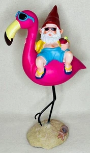 TIPSY GNOME RIDING PINK FLAMINGO PATIO GARDEN STATUE - 12.75” - EXCELLENT! - Picture 1 of 13