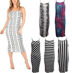 High Neck Cami Midi Dress Womens Printed Strappy Sleeveless Midi Cami Dress Top - Picture 1 of 12