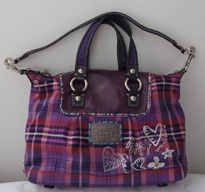 AUTHENTIC COACH PURPLE POPPY TARTAN PLAID W METALLIC/GLITTER SATCHEL BAG PURSE - Image 1 of 4