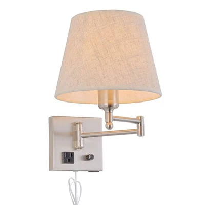 Bedside Wall Mount Light with Dimmable Switch and Outlet, Swing Arm Fabric Sh... - Image 1 of 4