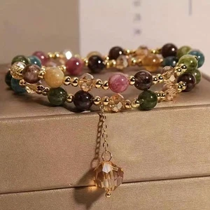 Colorful Crystal Beaded Wrap Charm Bracelet Gold Stretch Layered Gemstone Fshion - Picture 1 of 4