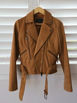 Bernardo Leather Suede Motorcycle Jacket with Belt – Camel Brown Small - Image 1 of 4