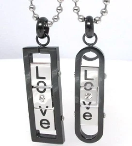 Partnerkette LOVE drehbar Oval Rechteck Edelstahl 2 Partner Anhänger + 2 Ketten - Bild 1 von 1