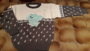 dicker Pullover Oberteil weiß grau Strick Applikation türkis Elefant 140 - Bild 1 von 3