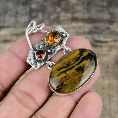 Tigre Occhio Gemma Artigianale 925 Argento Sterling Ciondolo Gioielli Per Nuovo - Immagine 1 di 4