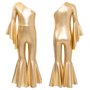 Kids Girls Romper Wide Leg Bodysuit Flare Sleeve Dance Jumpsuit Metallic Shiny - Picture 1 of 74