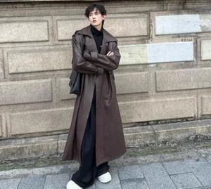 Men's New Fashion Winter Lapel Long Sleeve Loose Faux Leather Windbreakers Coat - Picture 1 of 15