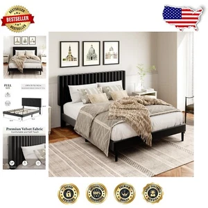 Sturdy Full Platform Bed Frame with Velvet Headboard - Squeak Resistant & Modern - Picture 1 of 10