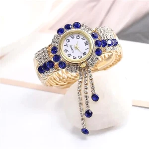 Luxury Blue Rhinestone Women Quartz Wrist Watch Tassel Bangle Bracelet Golden - Picture 1 of 5