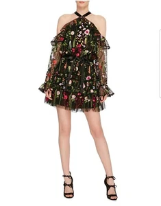 VINTAGE NEW H FLORAL EMBROIDERY HALTER FLARE FULL SLEEVE HIGH QUALITY MINI SMALL - Picture 1 of 8