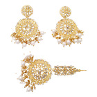 New Bridal Maang Tikka Earrings Set Pearl Kundan CZ Gold Tone Indian Jewelry