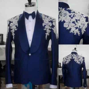 Luxury Men's Rhinestone Decal Jacket Pant 2 Pieces Slim Fit for Wedding Business - Picture 1 of 16