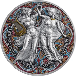 Moneda de plata antigua Camerún Nueve Musas Terpsicore y Euterpe 2025 de 2 oz - Imagen 1 de 9