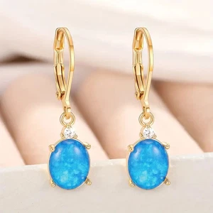 18K Gold Plated Sky Blue Oval Faux Opal Drop Hoop Lever Earrings With Zirconia - Picture 1 of 5