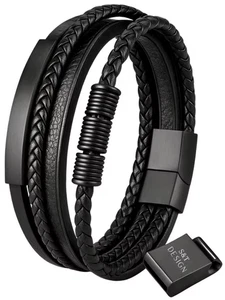 Pulsera de cuero para hombre pulsera negra joyería acero inoxidable caja de regalo - Imagen 1 de 5