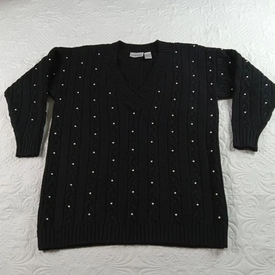 Nordstrom Point Of View Pearl Sweater Womens S (L) Black Cable Chunky Vtg 90sEUC - Image 1 of 4