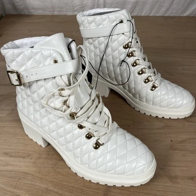 Forever 21 Boots Women Size 10 White Lace Up Buckle Straps Diamond Quilt Pattern - Image 1 of 4