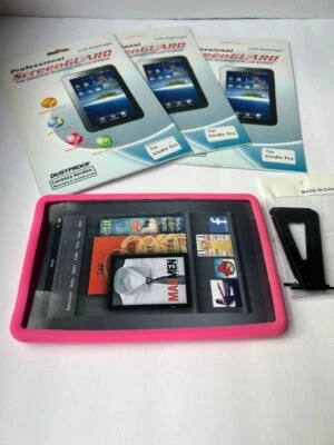 Kindle Fire kit - pink flexible cover, stand, screen protectors - Image 1 of 3