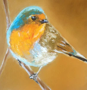 Original Ölgemälde Vogel Rotkehlchen Impasto Miniatur Geschenk für Vogelliebhaber 5,5x5,5 Zoll - Bild 1 von 4