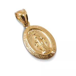 Solid 18K Yellow Gold Miraculous Medal Virgin Mary Pendant, 9/16", Catholic - Picture 1 of 8