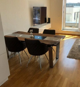 Esstisch Massivholz Glas Nussbaum Edelstahlgestell - Bild 1 von 10