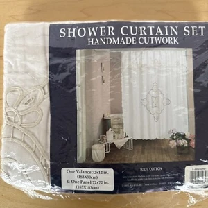 VINTAGE BATTENBURG LACE SHOWER CURTAIN & VALANCE- Granny Cottage Core • NEW • - Picture 1 of 10