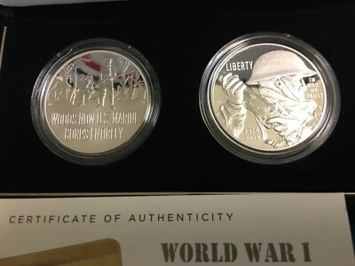 2018 WORLD WAR I CENTENNIAL SILVER $  & MARINE CORPS SILVER MEDAL 2 COIN SET  - Image 1 of 4